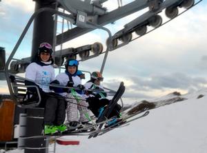 First on the chairlift for 2013 at Coronet Peak were (L to R) Tania Bryant, Cougar Bryant (10), Tristan Bryant (6) (obscured) and Tallulah Bryant (8).